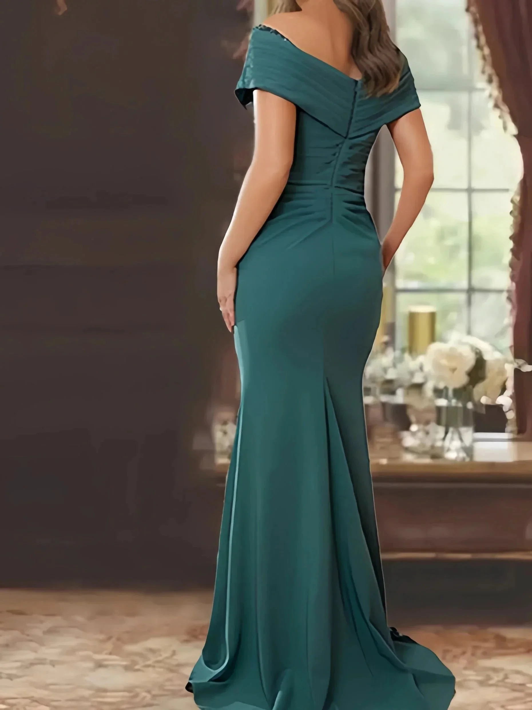 Sheath/Column Off-the-Shoulder Sleeveless Floor-Length Mother of the Bride Dresses With Ruffles - Image 2