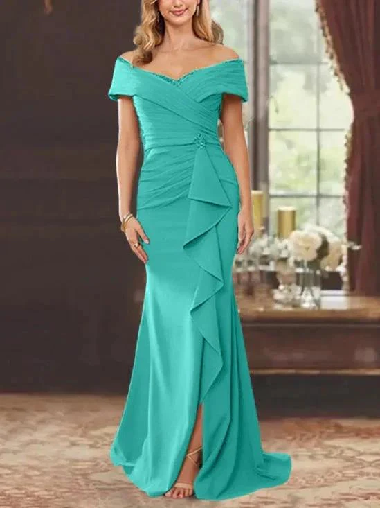 Sheath/Column Off-the-Shoulder Sleeveless Floor-Length Mother of the Bride Dresses With Ruffles - Image 20