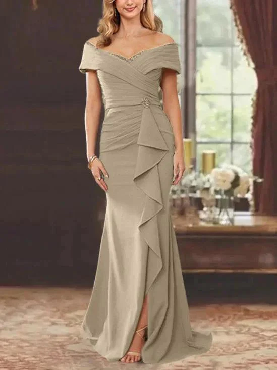 Sheath/Column Off-the-Shoulder Sleeveless Floor-Length Mother of the Bride Dresses With Ruffles - Image 21