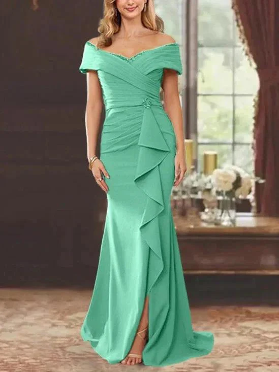 Sheath/Column Off-the-Shoulder Sleeveless Floor-Length Mother of the Bride Dresses With Ruffles - Image 22
