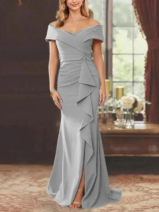Sheath/Column Off-the-Shoulder Sleeveless Floor-Length Mother of the Bride Dresses With Ruffles - Image 24