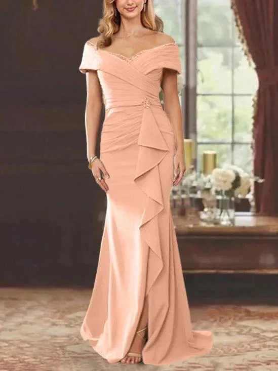 Sheath/Column Off-the-Shoulder Sleeveless Floor-Length Mother of the Bride Dresses With Ruffles - Image 25
