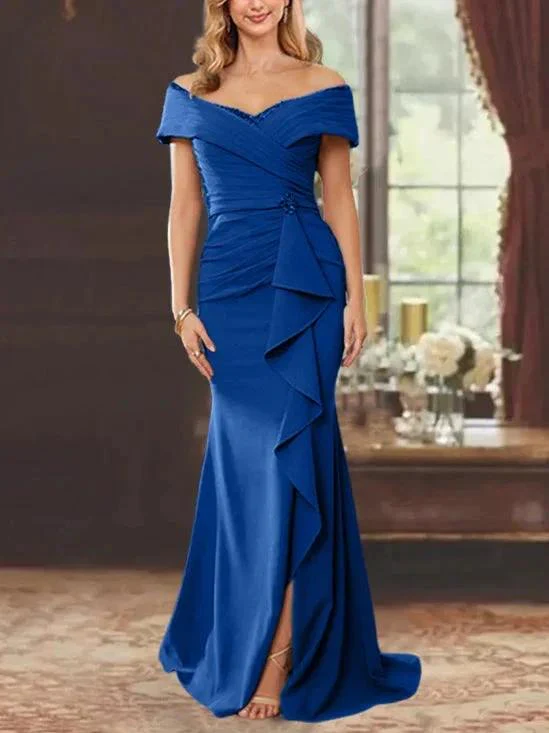 Sheath/Column Off-the-Shoulder Sleeveless Floor-Length Mother of the Bride Dresses With Ruffles - Image 26