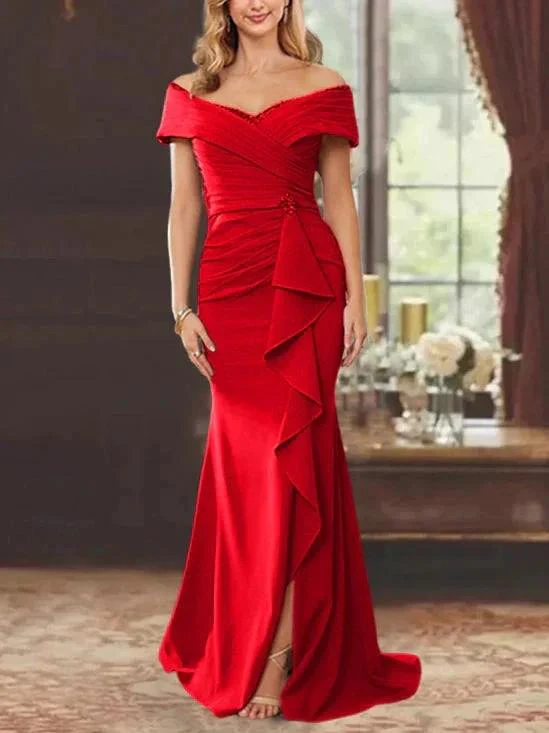 Sheath/Column Off-the-Shoulder Sleeveless Floor-Length Mother of the Bride Dresses With Ruffles - Image 27