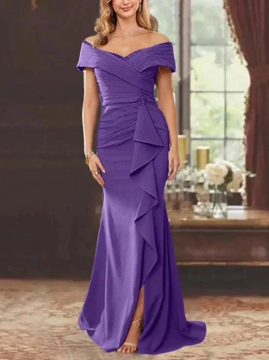 Sheath/Column Off-the-Shoulder Sleeveless Floor-Length Mother of the Bride Dresses With Ruffles - Image 28
