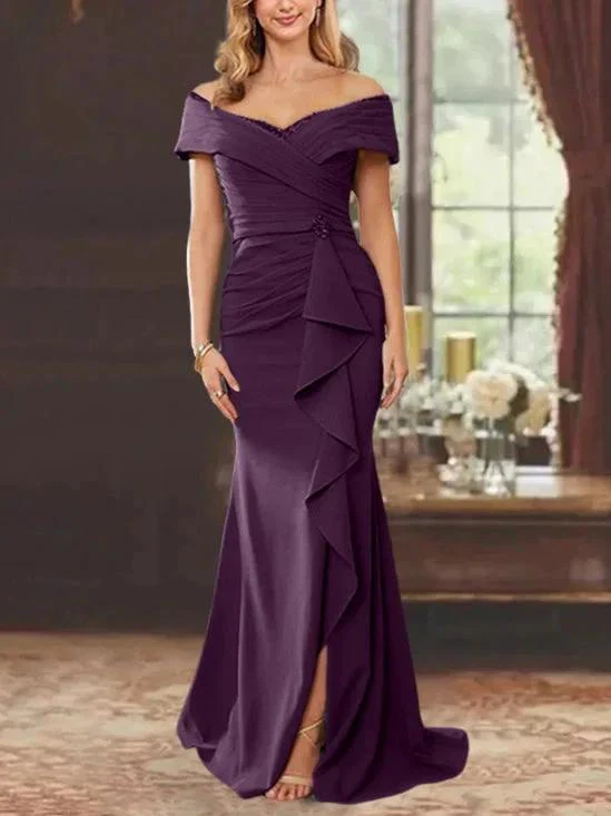 Sheath/Column Off-the-Shoulder Sleeveless Floor-Length Mother of the Bride Dresses With Ruffles - Image 29