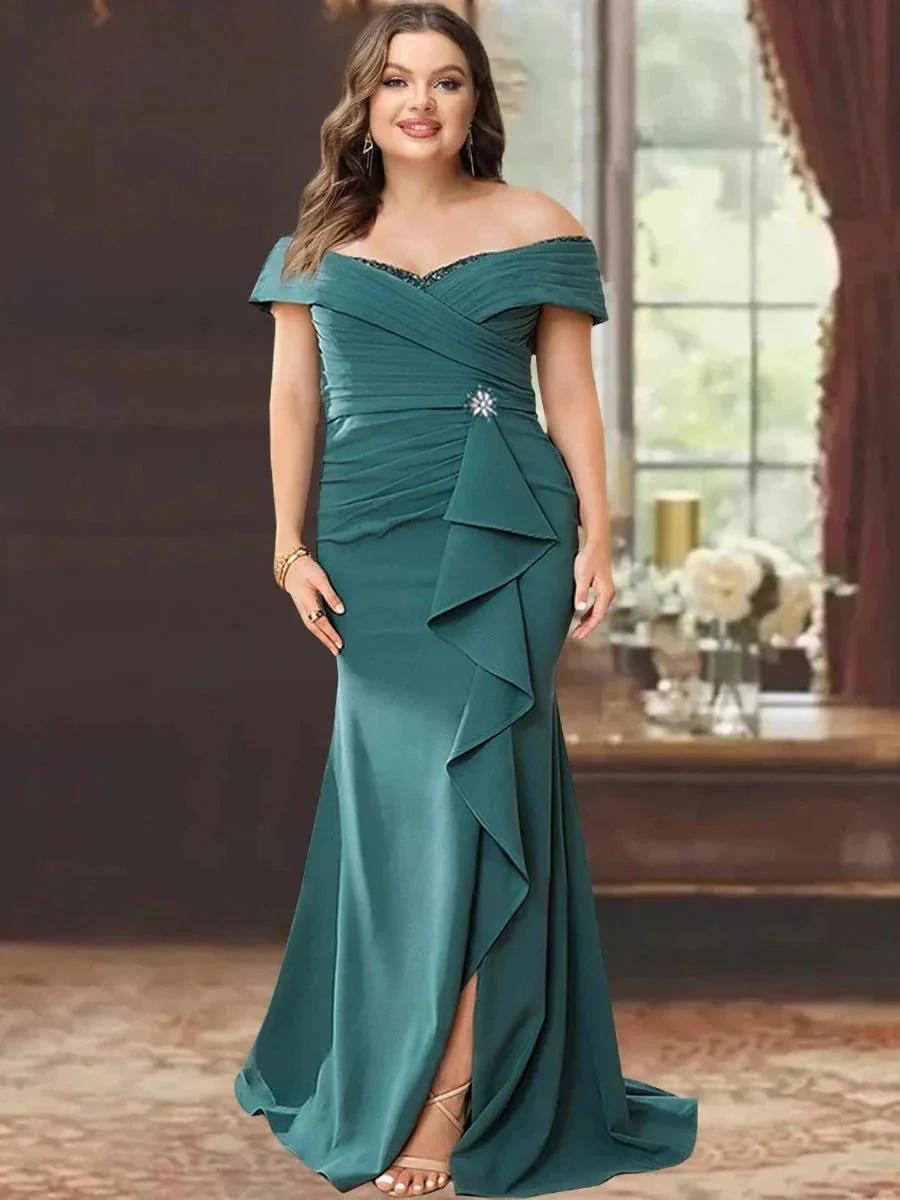 Sheath/Column Off-the-Shoulder Sleeveless Floor-Length Mother of the Bride Dresses With Ruffles - Image 3