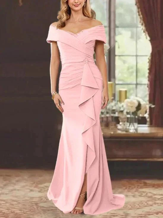 Sheath/Column Off-the-Shoulder Sleeveless Floor-Length Mother of the Bride Dresses With Ruffles - Image 30