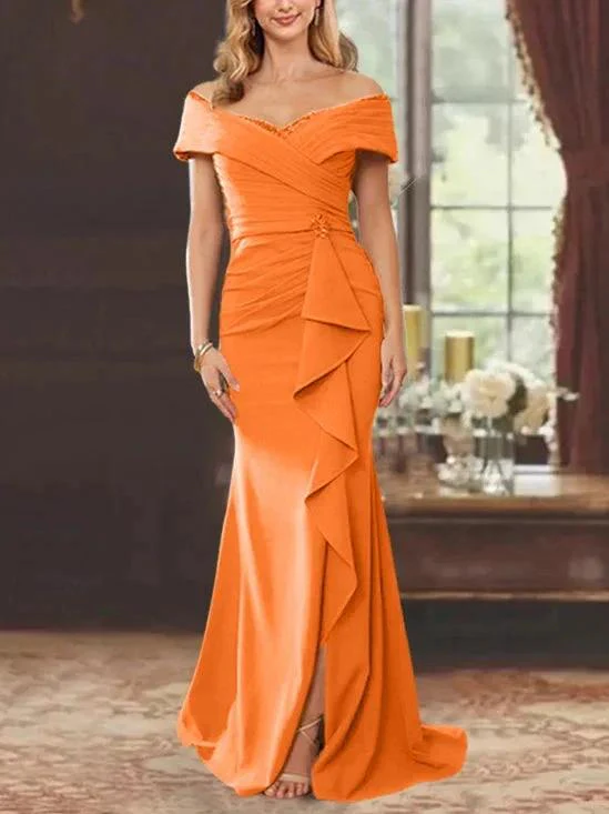 Sheath/Column Off-the-Shoulder Sleeveless Floor-Length Mother of the Bride Dresses With Ruffles - Image 31