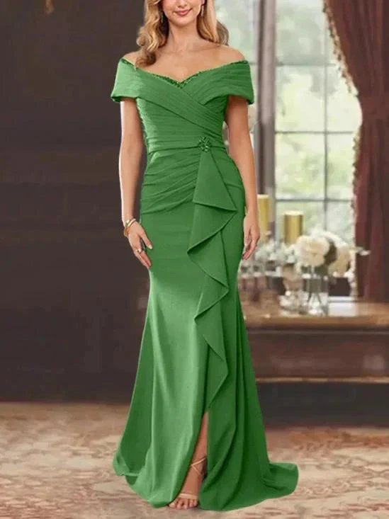 Sheath/Column Off-the-Shoulder Sleeveless Floor-Length Mother of the Bride Dresses With Ruffles - Image 32