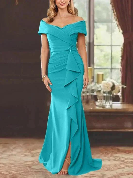 Sheath/Column Off-the-Shoulder Sleeveless Floor-Length Mother of the Bride Dresses With Ruffles - Image 33