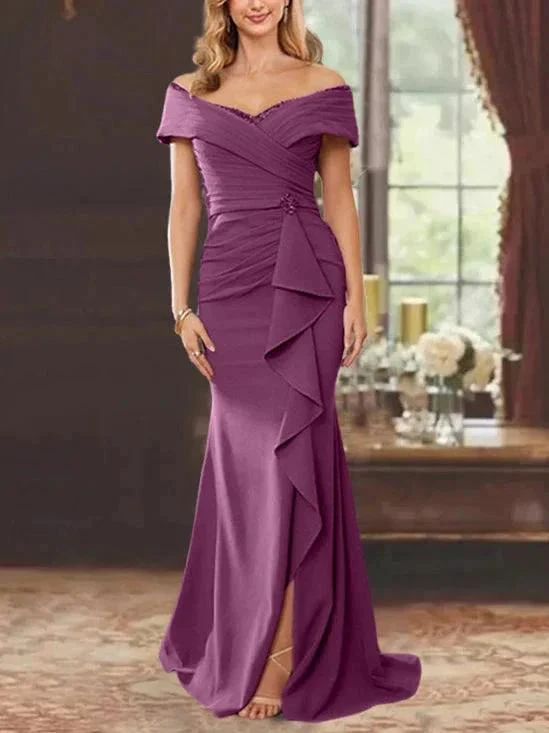 Sheath/Column Off-the-Shoulder Sleeveless Floor-Length Mother of the Bride Dresses With Ruffles - Image 34