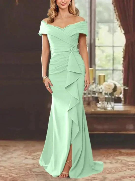 Sheath/Column Off-the-Shoulder Sleeveless Floor-Length Mother of the Bride Dresses With Ruffles - Image 35