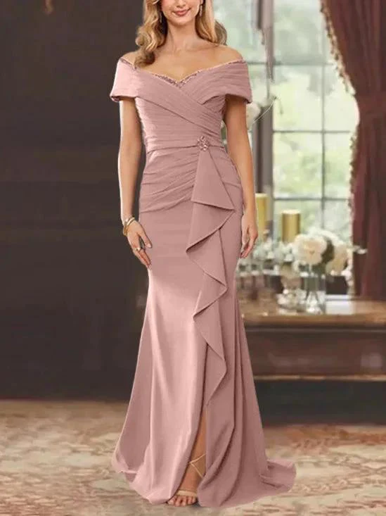 Sheath/Column Off-the-Shoulder Sleeveless Floor-Length Mother of the Bride Dresses With Ruffles - Image 36