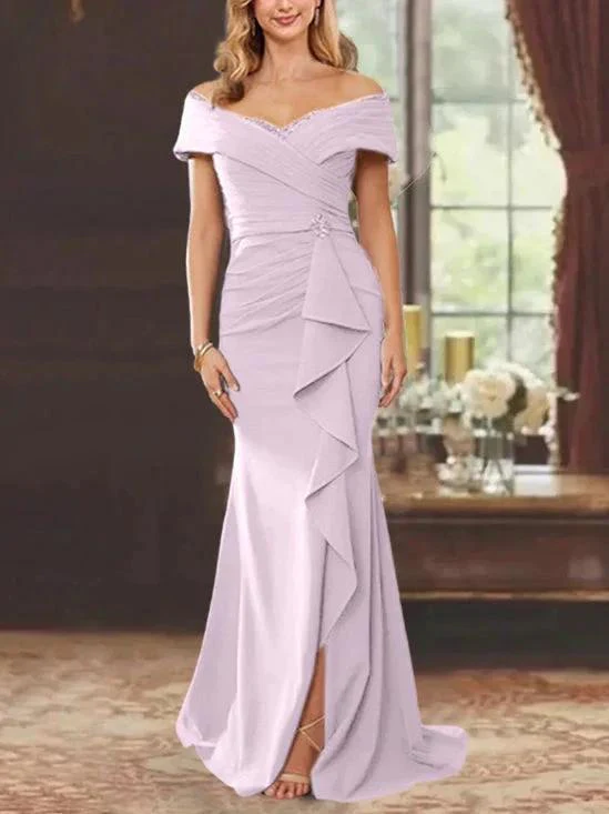 Sheath/Column Off-the-Shoulder Sleeveless Floor-Length Mother of the Bride Dresses With Ruffles - Image 37