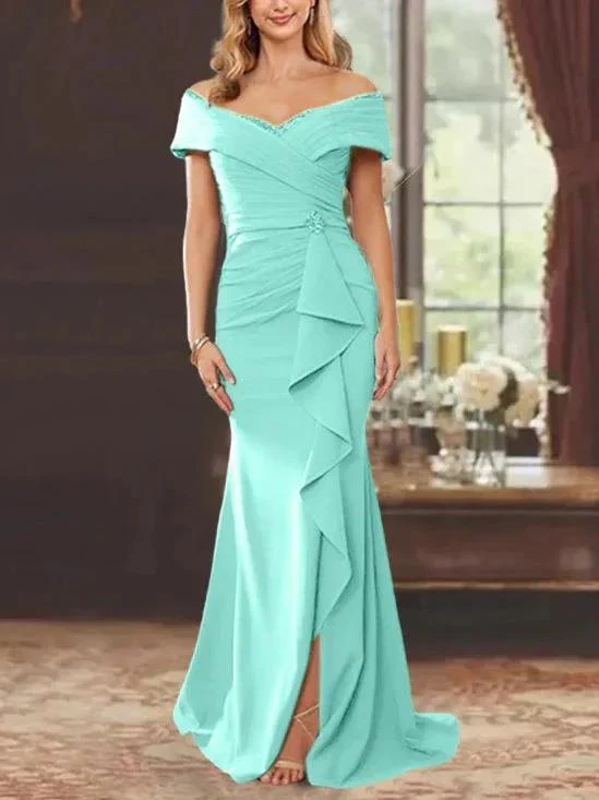 Sheath/Column Off-the-Shoulder Sleeveless Floor-Length Mother of the Bride Dresses With Ruffles - Image 38