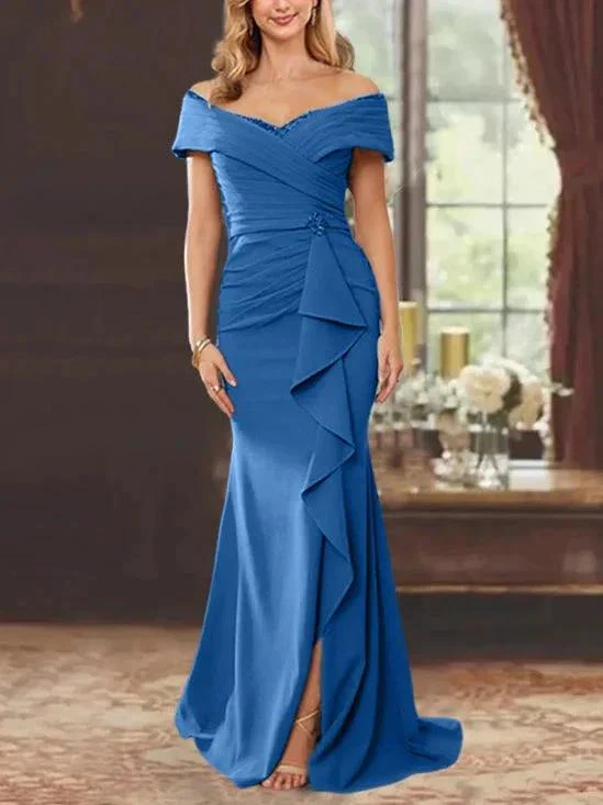 Sheath/Column Off-the-Shoulder Sleeveless Floor-Length Mother of the Bride Dresses With Ruffles - Image 39