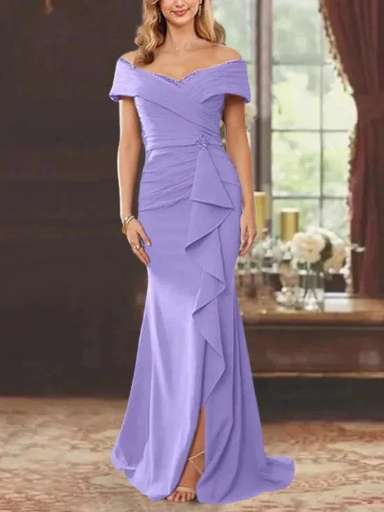 Sheath/Column Off-the-Shoulder Sleeveless Floor-Length Mother of the Bride Dresses With Ruffles - Image 40