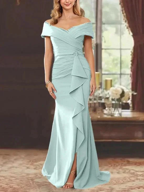 Sheath/Column Off-the-Shoulder Sleeveless Floor-Length Mother of the Bride Dresses With Ruffles - Image 41