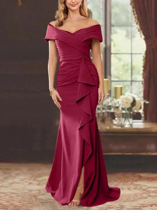 Sheath/Column Off-the-Shoulder Sleeveless Floor-Length Mother of the Bride Dresses With Ruffles - Image 42