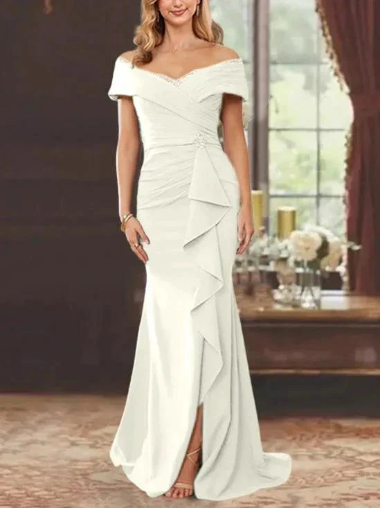 Sheath/Column Off-the-Shoulder Sleeveless Floor-Length Mother of the Bride Dresses With Ruffles - Image 43