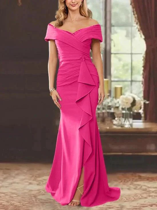 Sheath/Column Off-the-Shoulder Sleeveless Floor-Length Mother of the Bride Dresses With Ruffles - Image 44