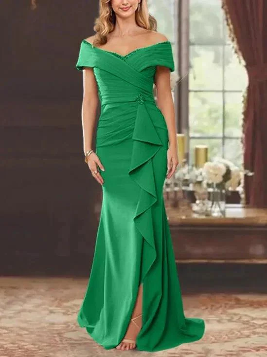 Sheath/Column Off-the-Shoulder Sleeveless Floor-Length Mother of the Bride Dresses With Ruffles - Image 45