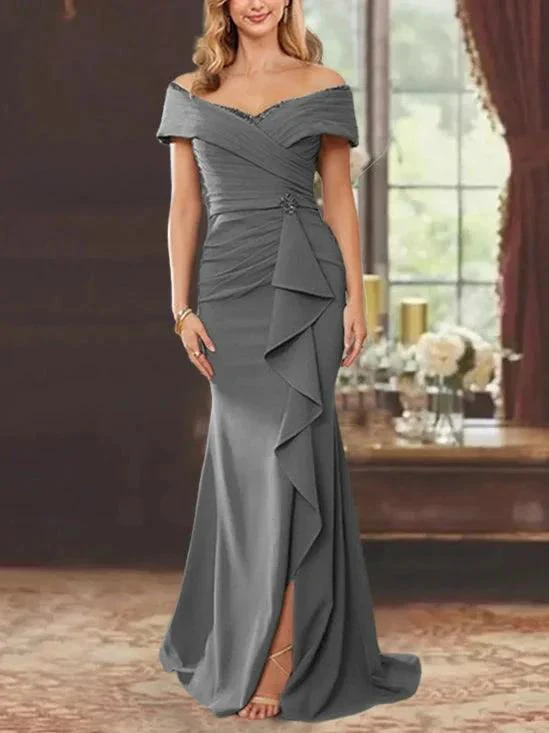 Sheath/Column Off-the-Shoulder Sleeveless Floor-Length Mother of the Bride Dresses With Ruffles - Image 46