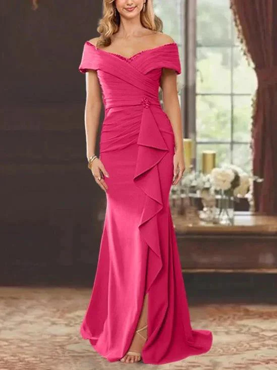 Sheath/Column Off-the-Shoulder Sleeveless Floor-Length Mother of the Bride Dresses With Ruffles - Image 47