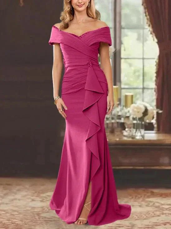 Sheath/Column Off-the-Shoulder Sleeveless Floor-Length Mother of the Bride Dresses With Ruffles - Image 48