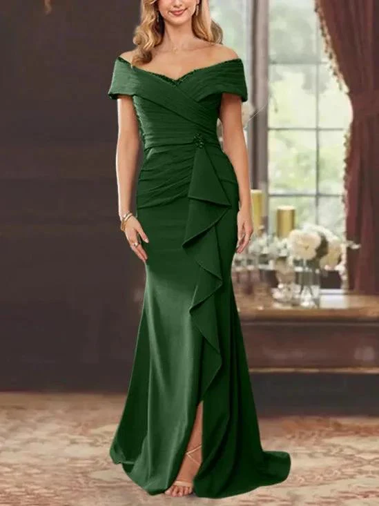 Sheath/Column Off-the-Shoulder Sleeveless Floor-Length Mother of the Bride Dresses With Ruffles - Image 49