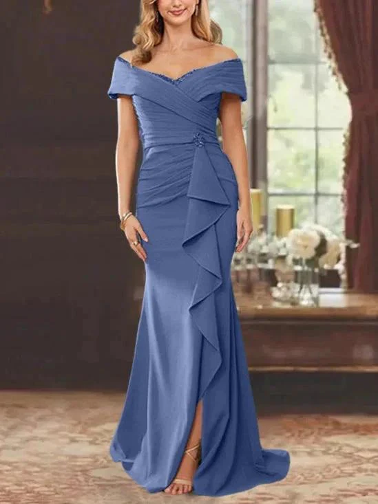 Sheath/Column Off-the-Shoulder Sleeveless Floor-Length Mother of the Bride Dresses With Ruffles - Image 5