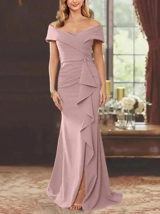 Sheath/Column Off-the-Shoulder Sleeveless Floor-Length Mother of the Bride Dresses With Ruffles - Image 50
