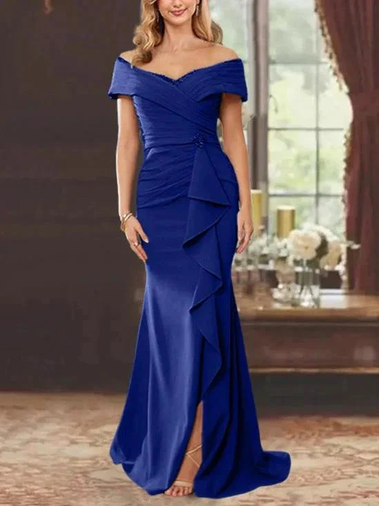 Sheath/Column Off-the-Shoulder Sleeveless Floor-Length Mother of the Bride Dresses With Ruffles - Image 51