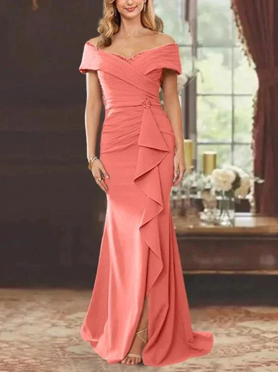 Sheath/Column Off-the-Shoulder Sleeveless Floor-Length Mother of the Bride Dresses With Ruffles - Image 52