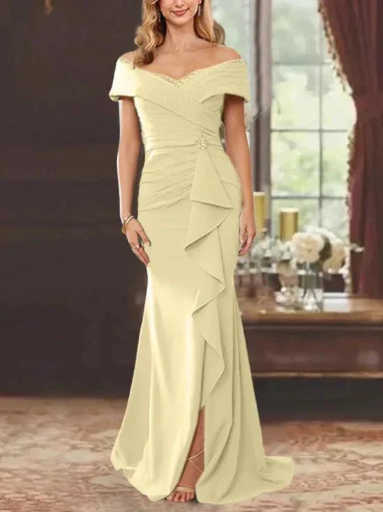 Sheath/Column Off-the-Shoulder Sleeveless Floor-Length Mother of the Bride Dresses With Ruffles - Image 53