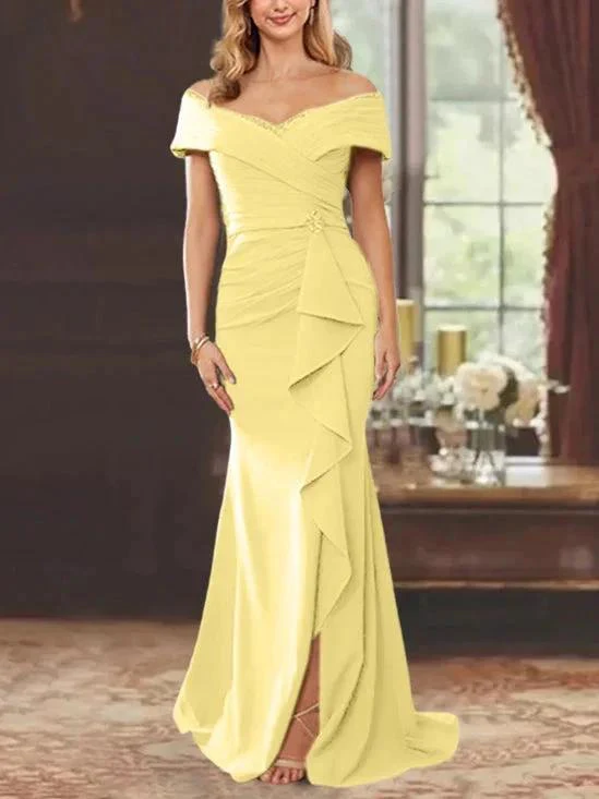 Sheath/Column Off-the-Shoulder Sleeveless Floor-Length Mother of the Bride Dresses With Ruffles - Image 54