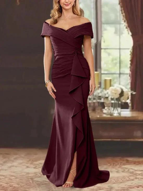 Sheath/Column Off-the-Shoulder Sleeveless Floor-Length Mother of the Bride Dresses With Ruffles - Image 55