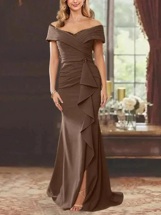Sheath/Column Off-the-Shoulder Sleeveless Floor-Length Mother of the Bride Dresses With Ruffles - Image 56