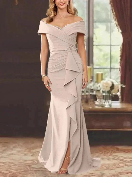 Sheath/Column Off-the-Shoulder Sleeveless Floor-Length Mother of the Bride Dresses With Ruffles - Image 57