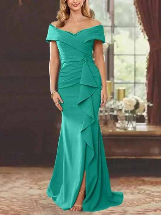 Sheath/Column Off-the-Shoulder Sleeveless Floor-Length Mother of the Bride Dresses With Ruffles - Image 58