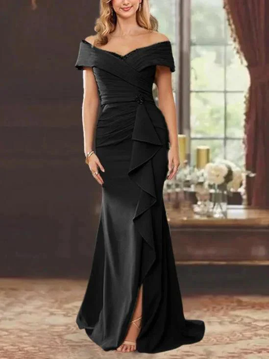 Sheath/Column Off-the-Shoulder Sleeveless Floor-Length Mother of the Bride Dresses With Ruffles - Image 6