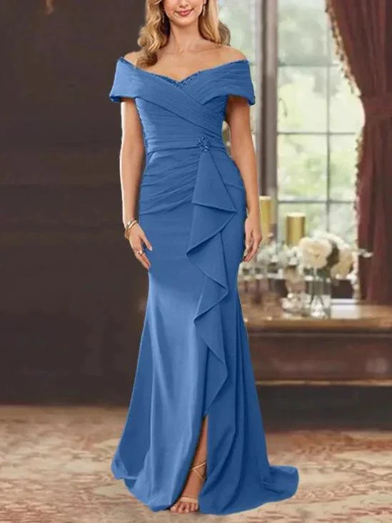 Sheath/Column Off-the-Shoulder Sleeveless Floor-Length Mother of the Bride Dresses With Ruffles - Image 60