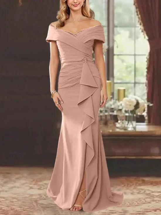 Sheath/Column Off-the-Shoulder Sleeveless Floor-Length Mother of the Bride Dresses With Ruffles - Image 7