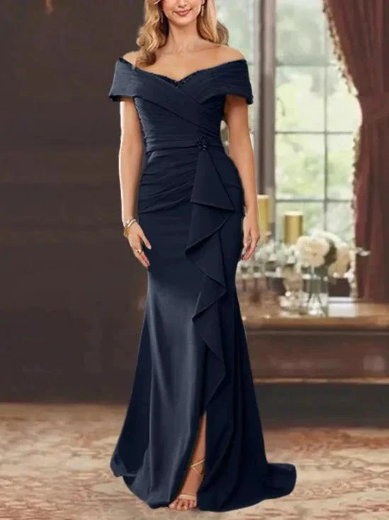 Sheath/Column Off-the-Shoulder Sleeveless Floor-Length Mother of the Bride Dresses With Ruffles - Image 8
