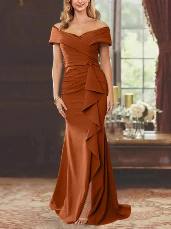 Sheath/Column Off-the-Shoulder Sleeveless Floor-Length Mother of the Bride Dresses With Ruffles - Image 9