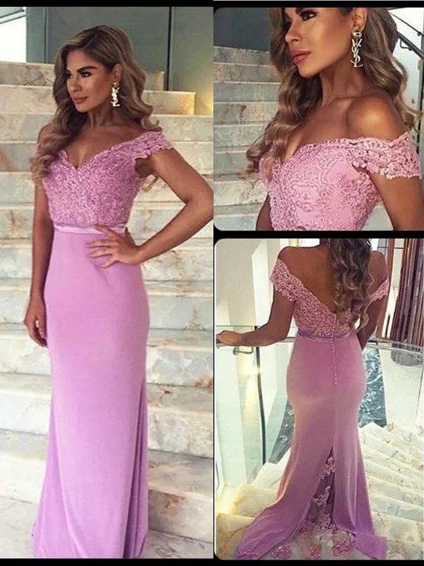 Sheath/Column Off-the-Shoulder Sleeveless Lace Floor-Length Elastic Woven Satin Prom Dresses - Image 2