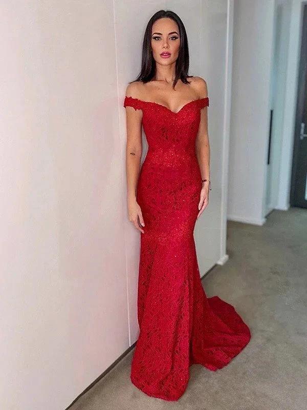 Sheath/Column Off-the-Shoulder Sleeveless Lace Ruffles Prom Dresses - Image 2