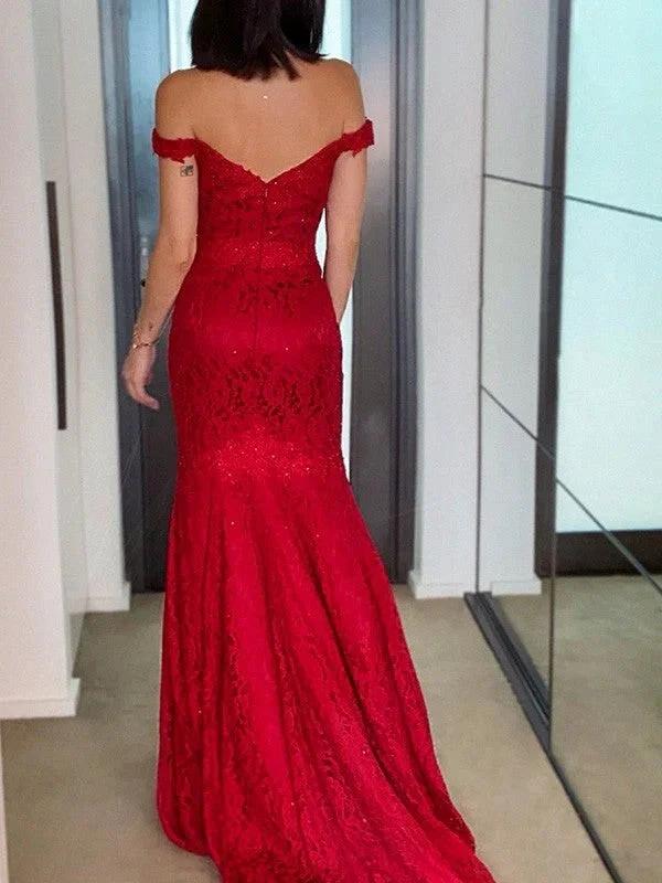 Sheath/Column Off-the-Shoulder Sleeveless Lace Ruffles Prom Dresses - Image 3