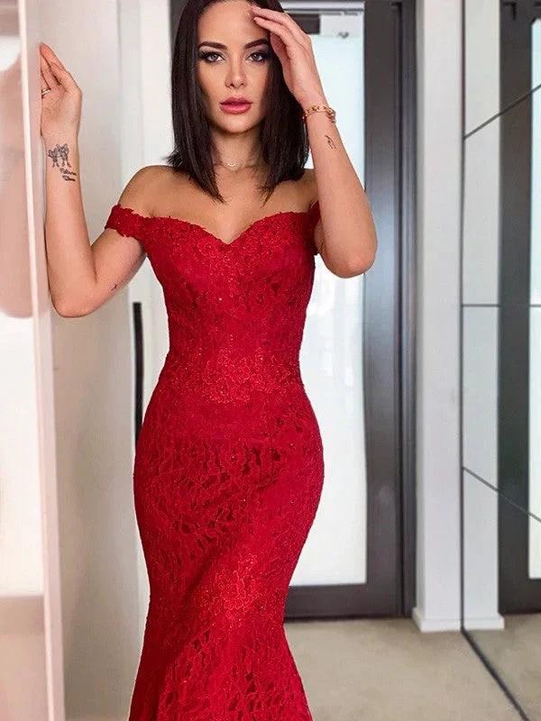 Sheath/Column Off-the-Shoulder Sleeveless Lace Ruffles Prom Dresses - Image 4
